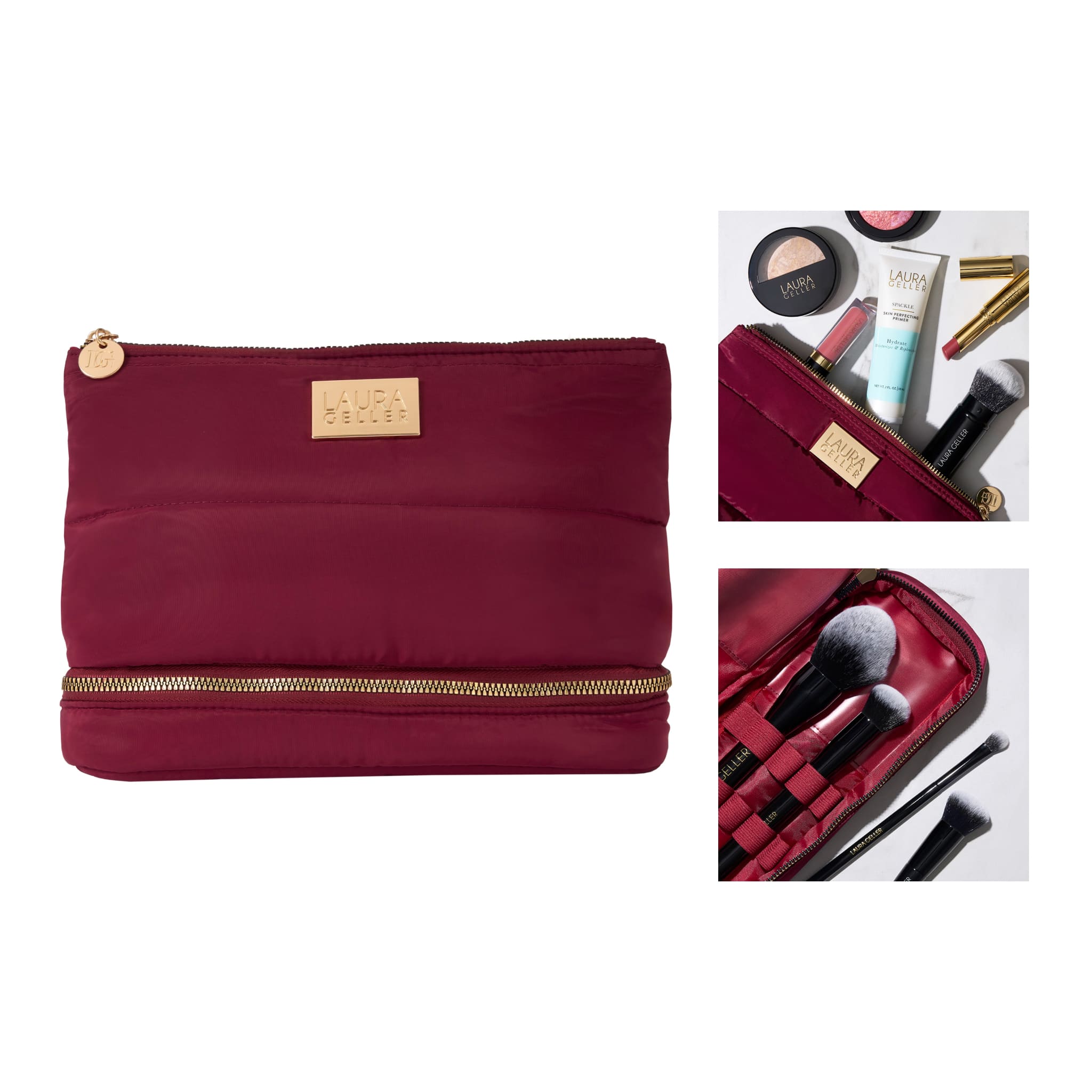 Quilted Makeup Bag with Brush Case. Burgundy - Image 5